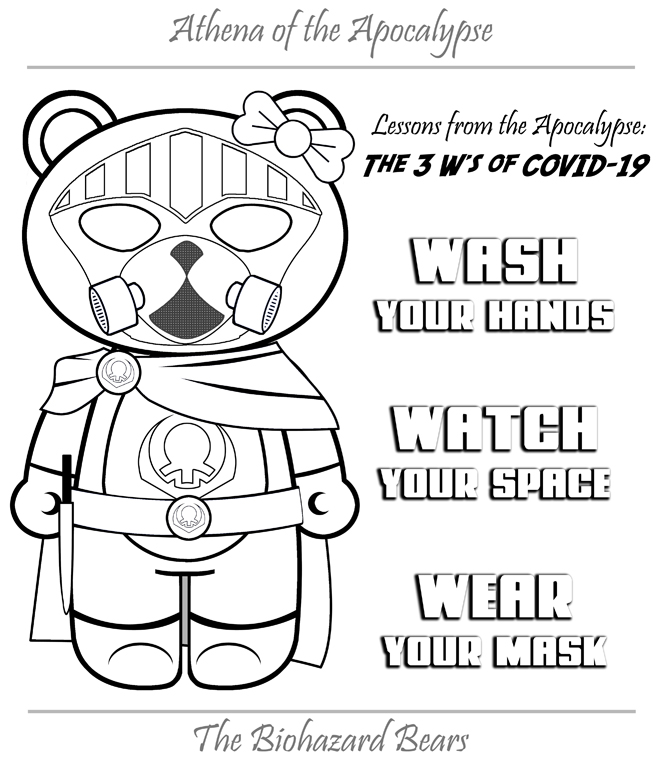 Athena coloring page of Covid-19 - Washing your hands, watching your social distancing and wearing your mask.