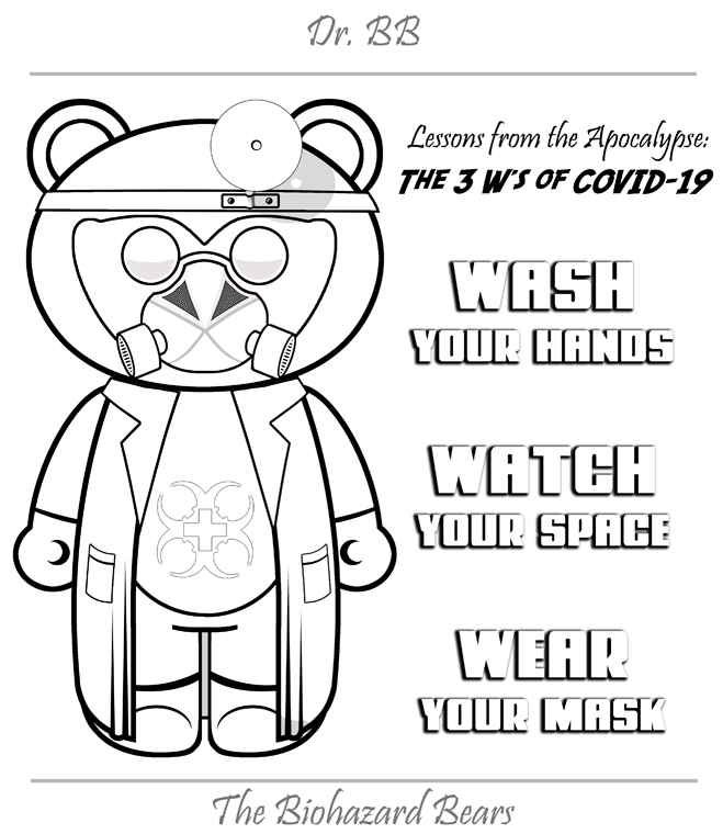 Dr. BB coloring page of Covid-19 - Washing your hands, watching your social distancing and wearing your mask.