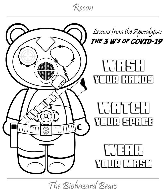 Recon coloring page of Covid-19 - Washing your hands, watching your social distancing and wearing your mask.