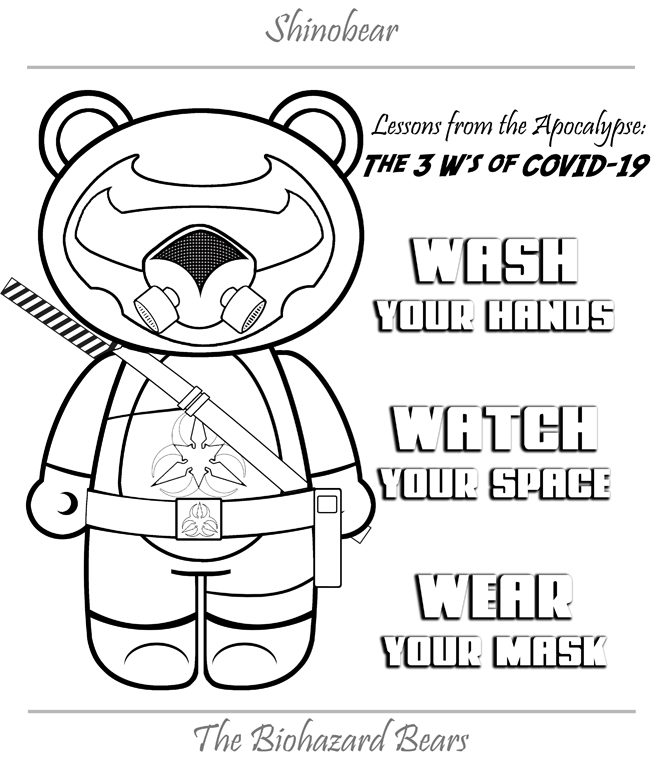 Shinobear coloring page of Covid-19 - Washing your hands, watching your social distancing and wearing your mask.